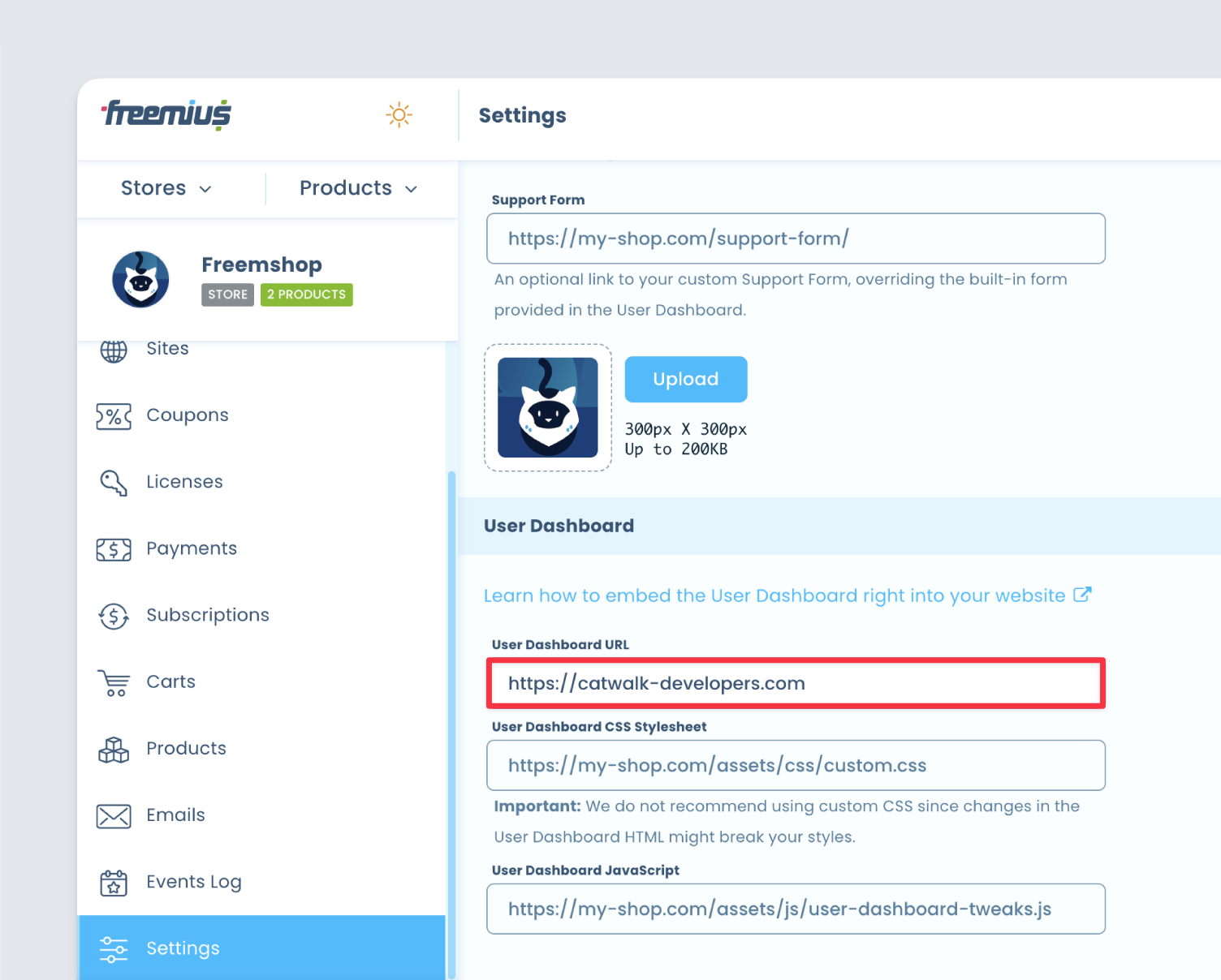 Freemius Dashboard - Store settings showing the user dashboard url options