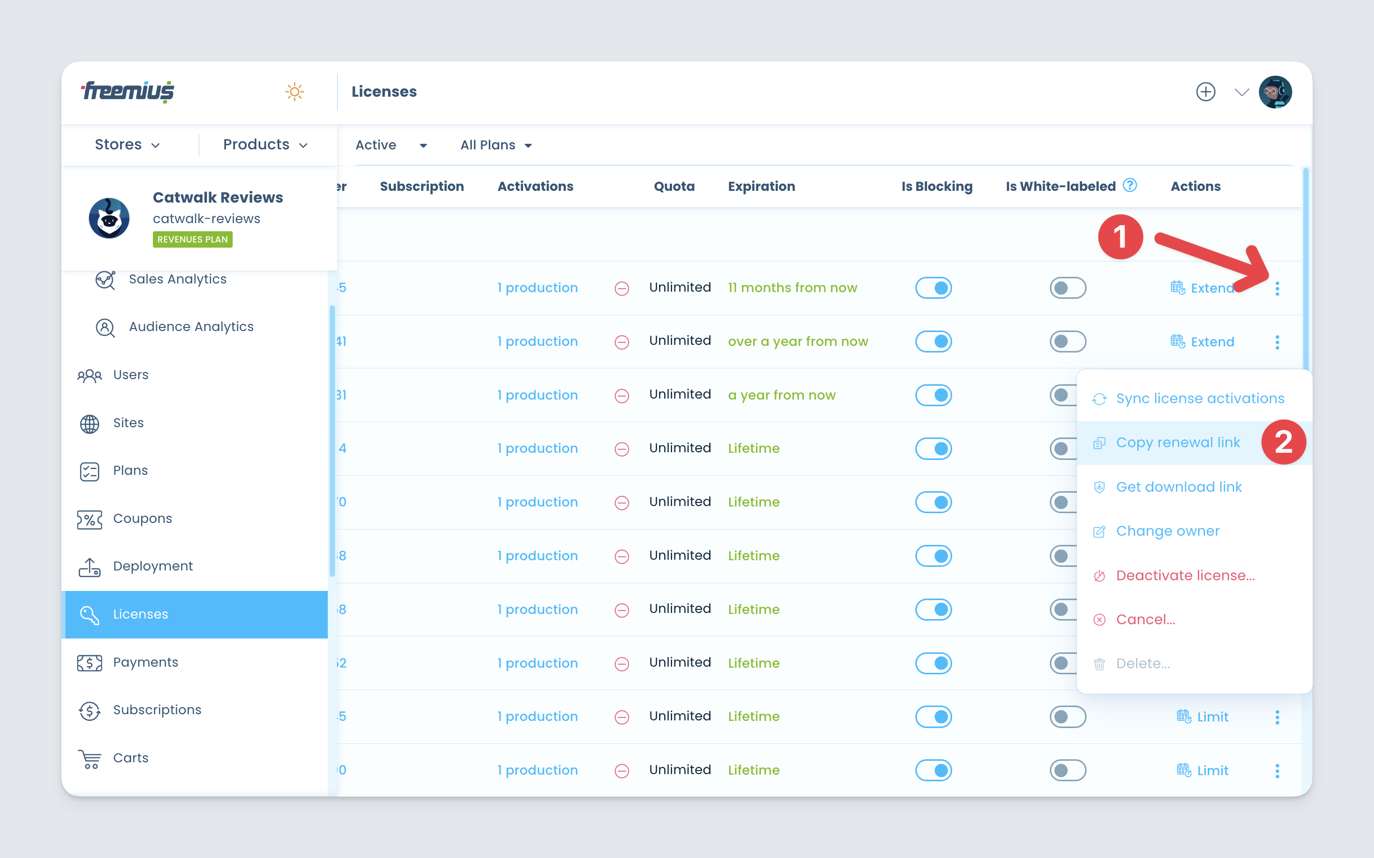 Freemius Developer Dashboard - Copy license renewal link