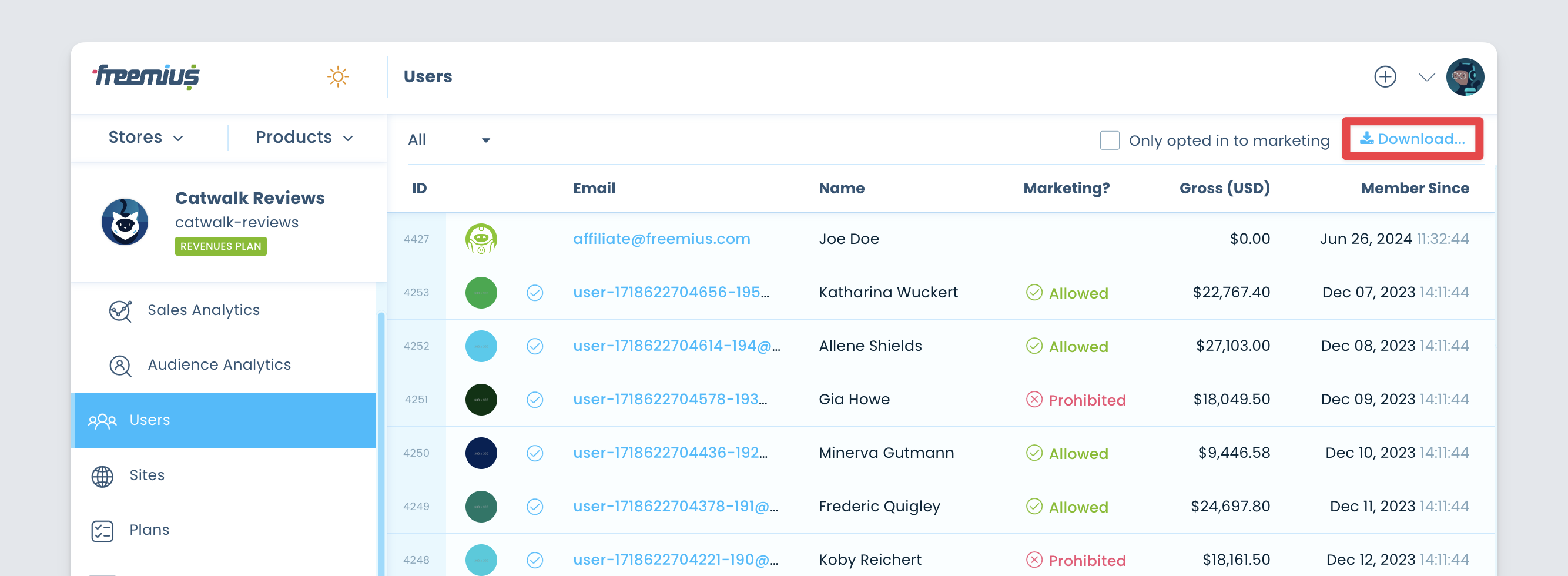 Freemius Developer Dashboard - Download the user list