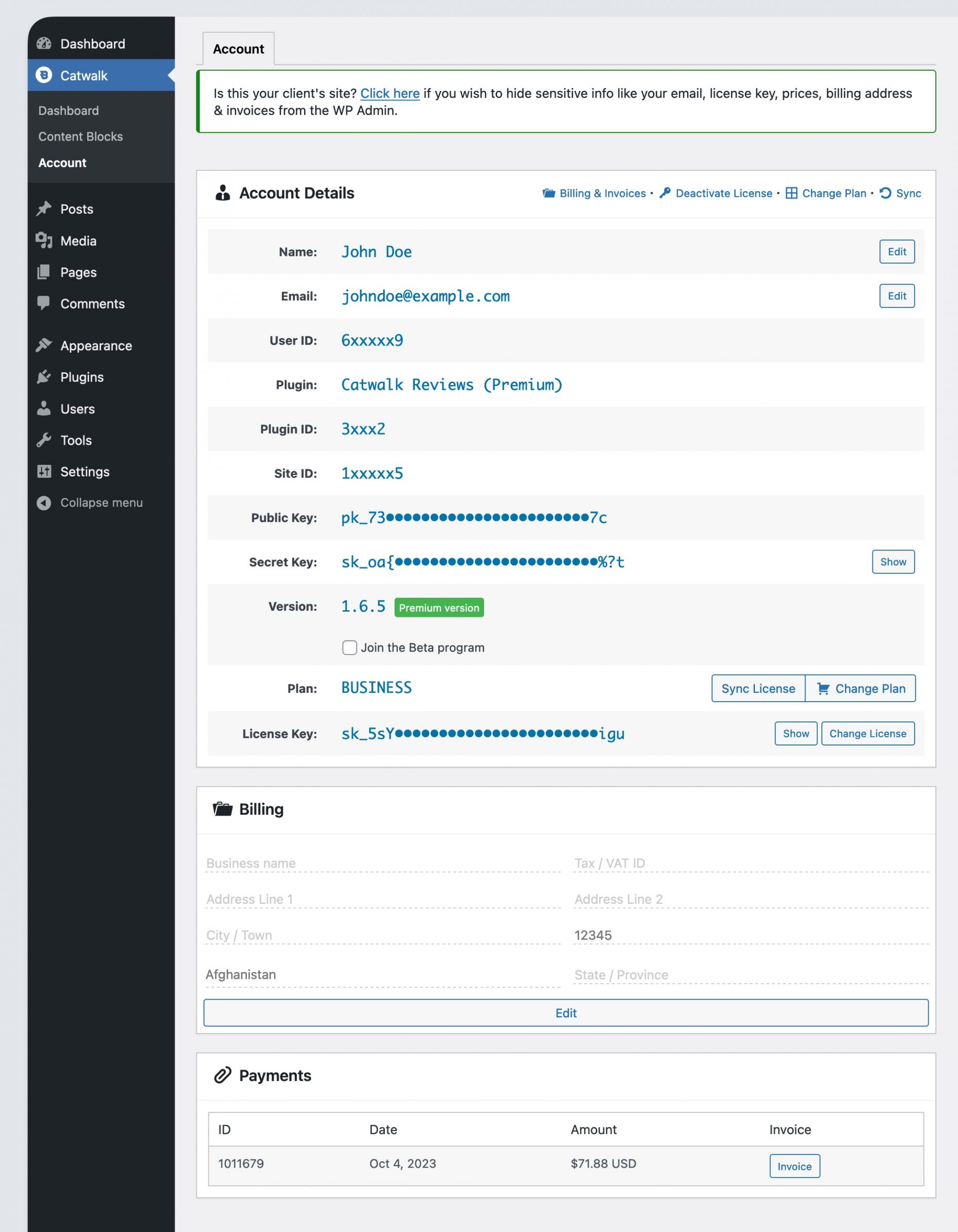 Freemius SDK - Account Details Page