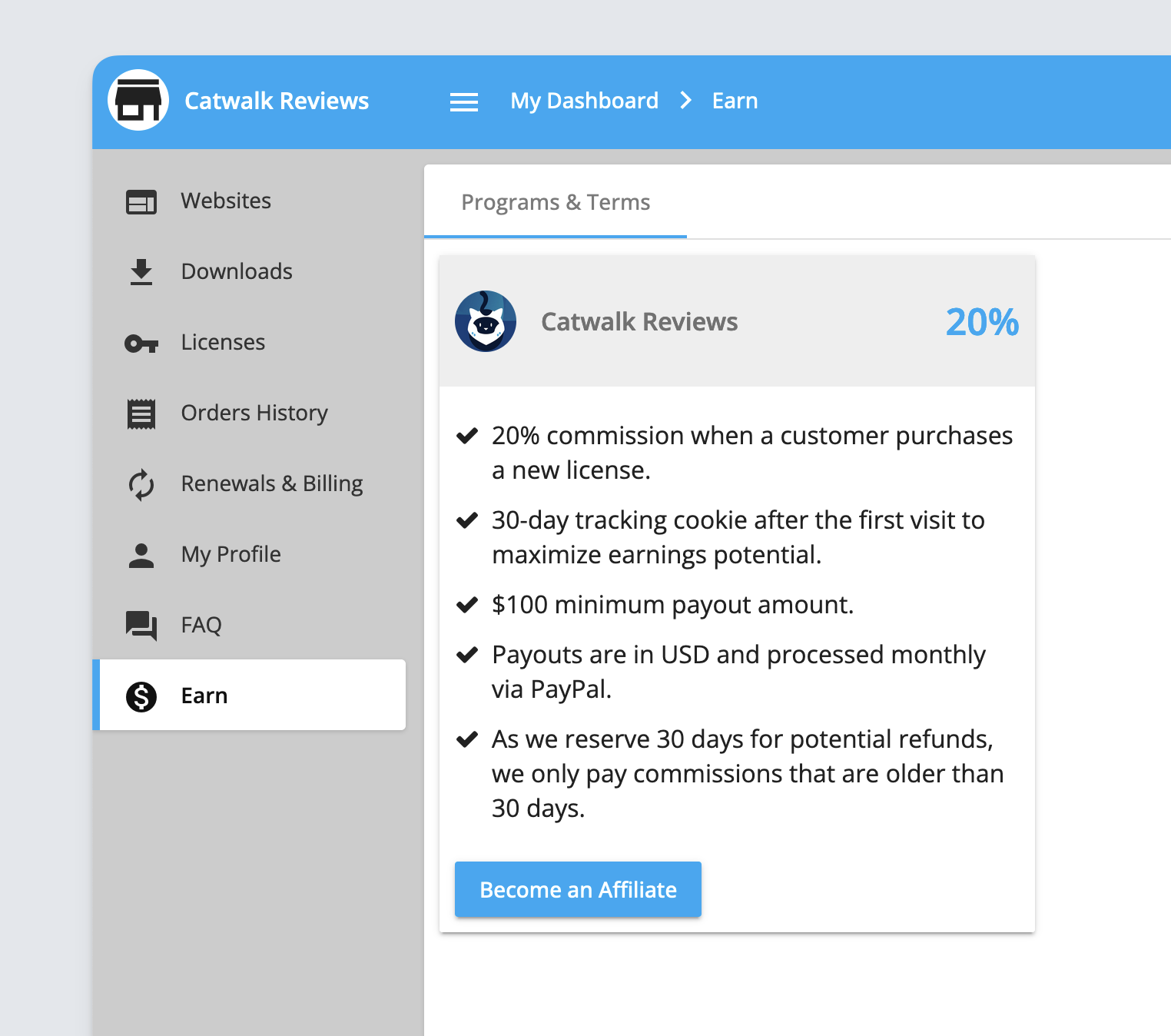 Freemius user dashboard showing the become an affiliate submission button