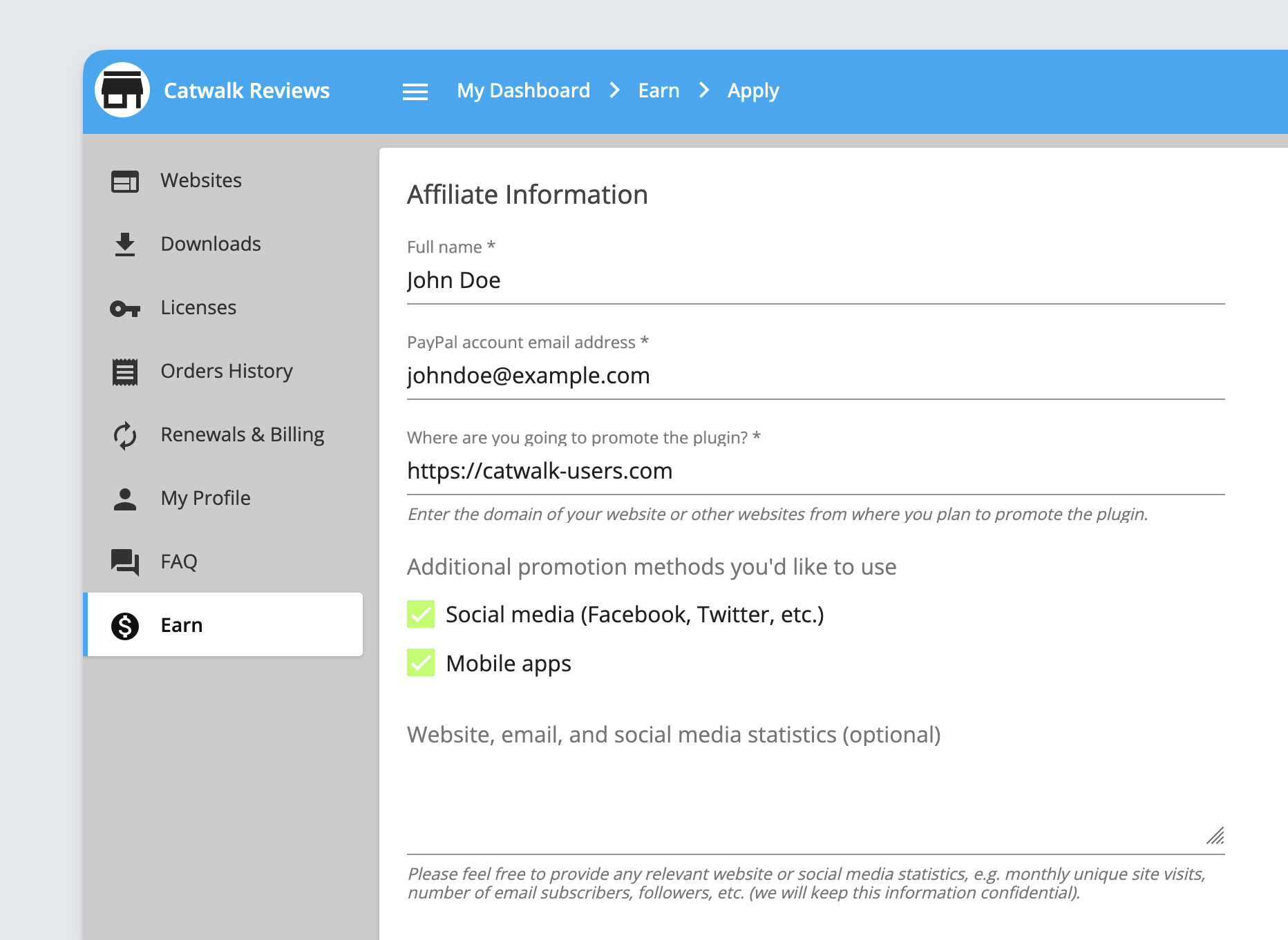 Freemius user dashboard showing the become an affiliate application form