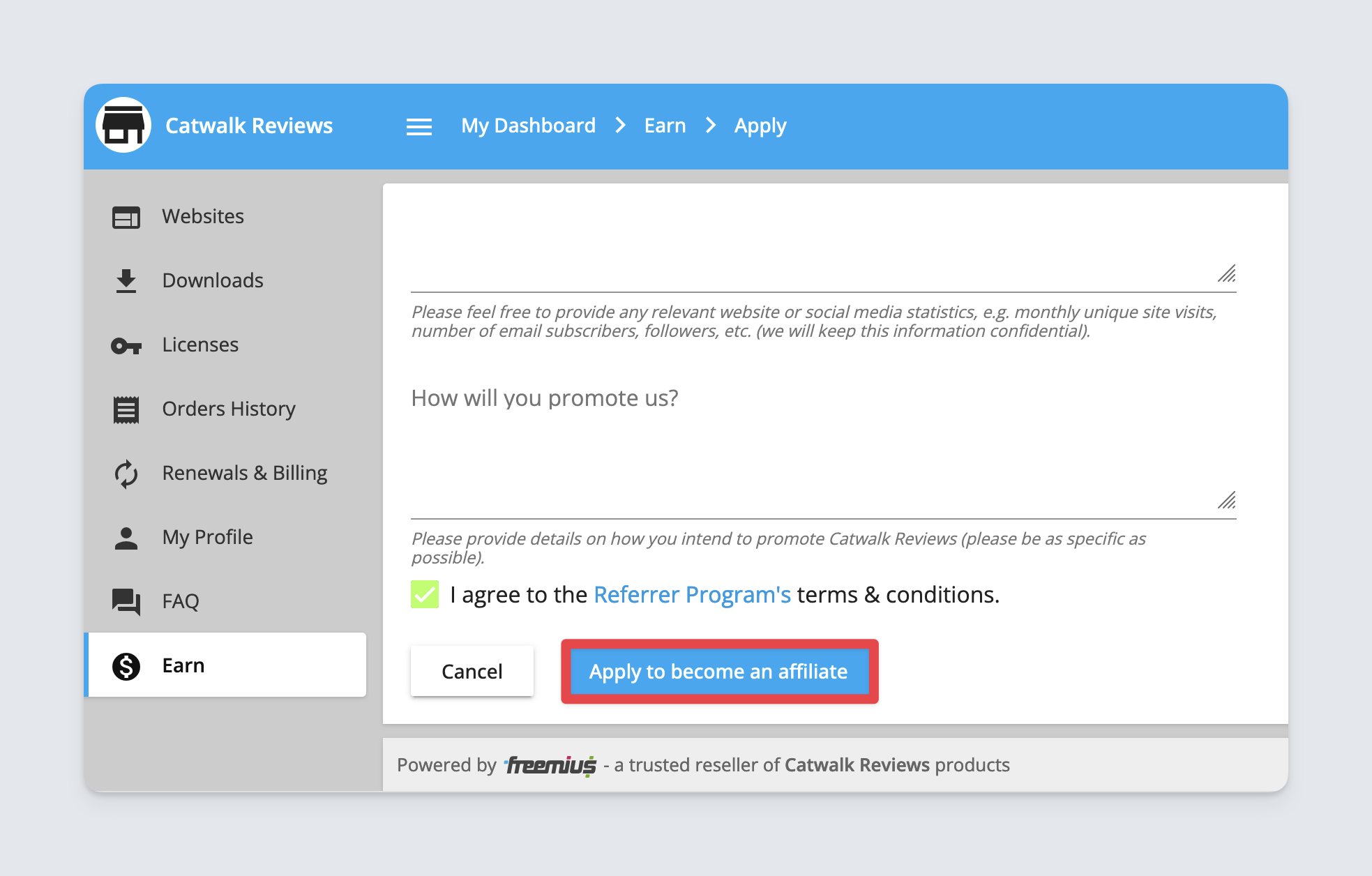 Freemius user dashboard showing the form terms agreement checkbox