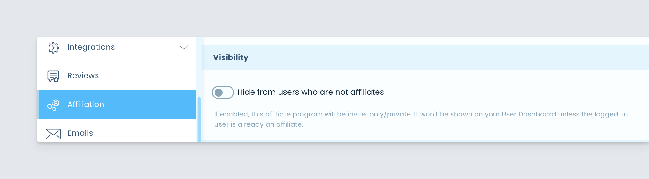 Freemius developer dashboard toggle button to hide the affiliate program from non-affiliate users