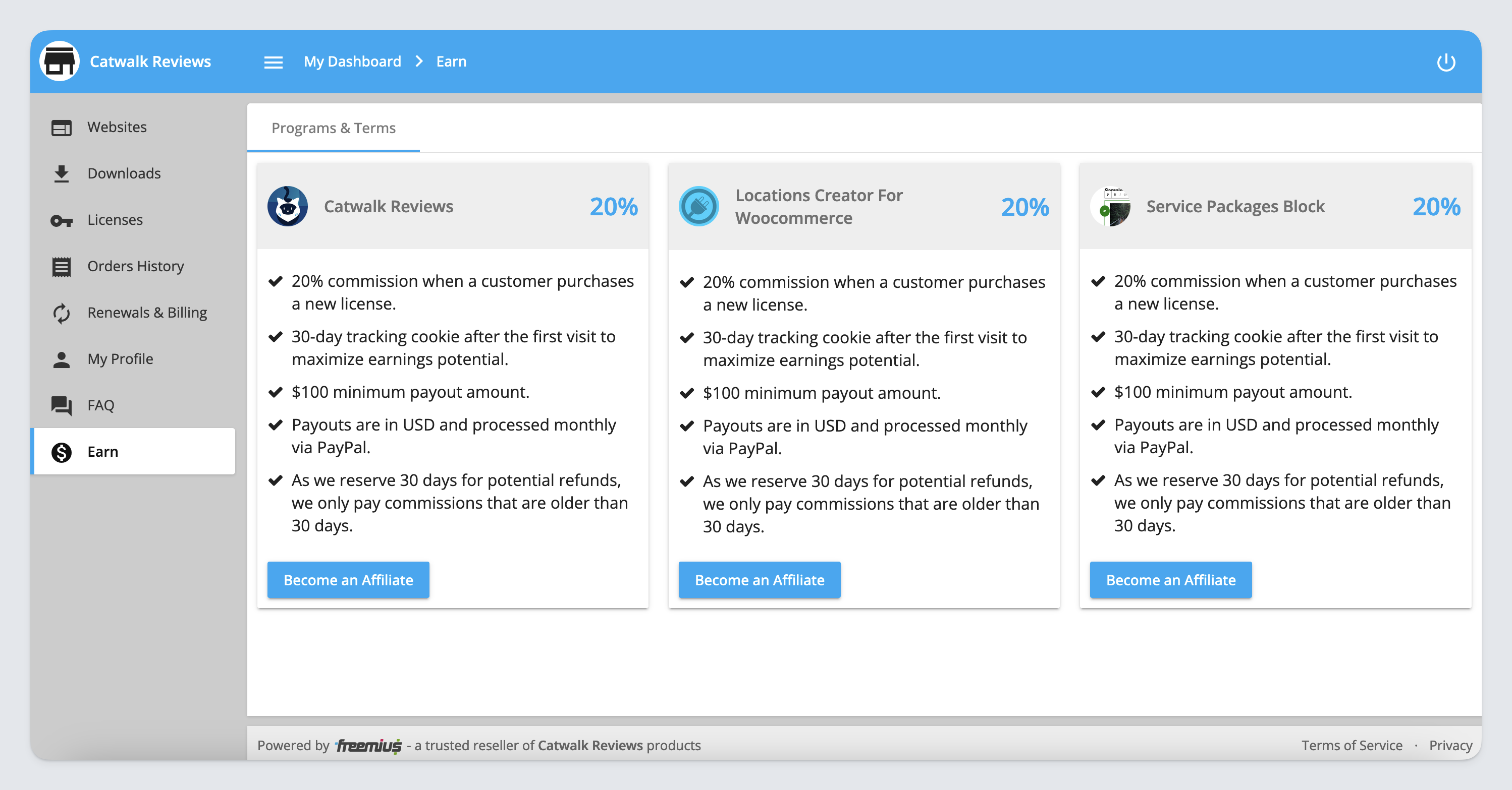 Freemius user dashboard showing products in the Earn section for affiliates