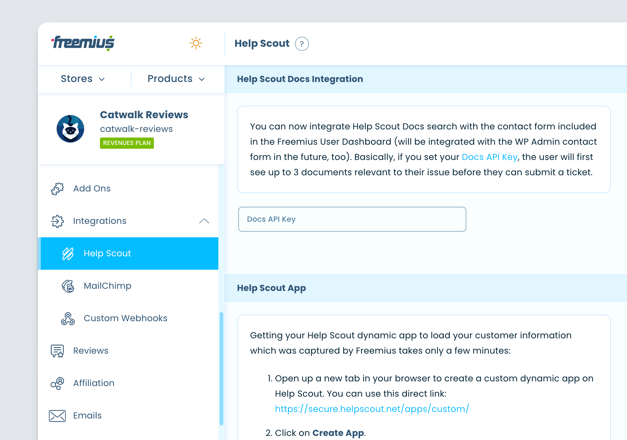 Freemius Dashboard Help Scout Integration Menu Item