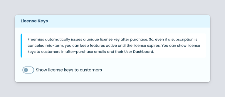 Freemius Dashboard License Keys Setting