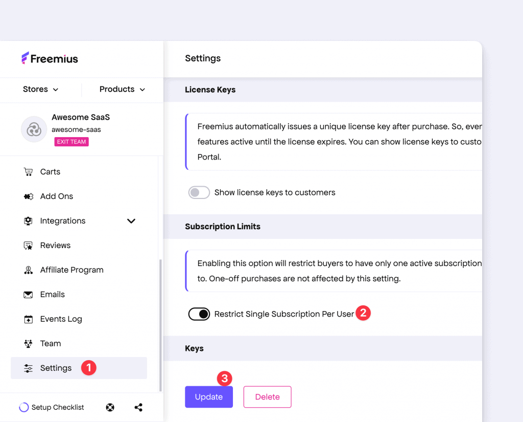 Freemius SaaS One Subscription Per User Restriction Config