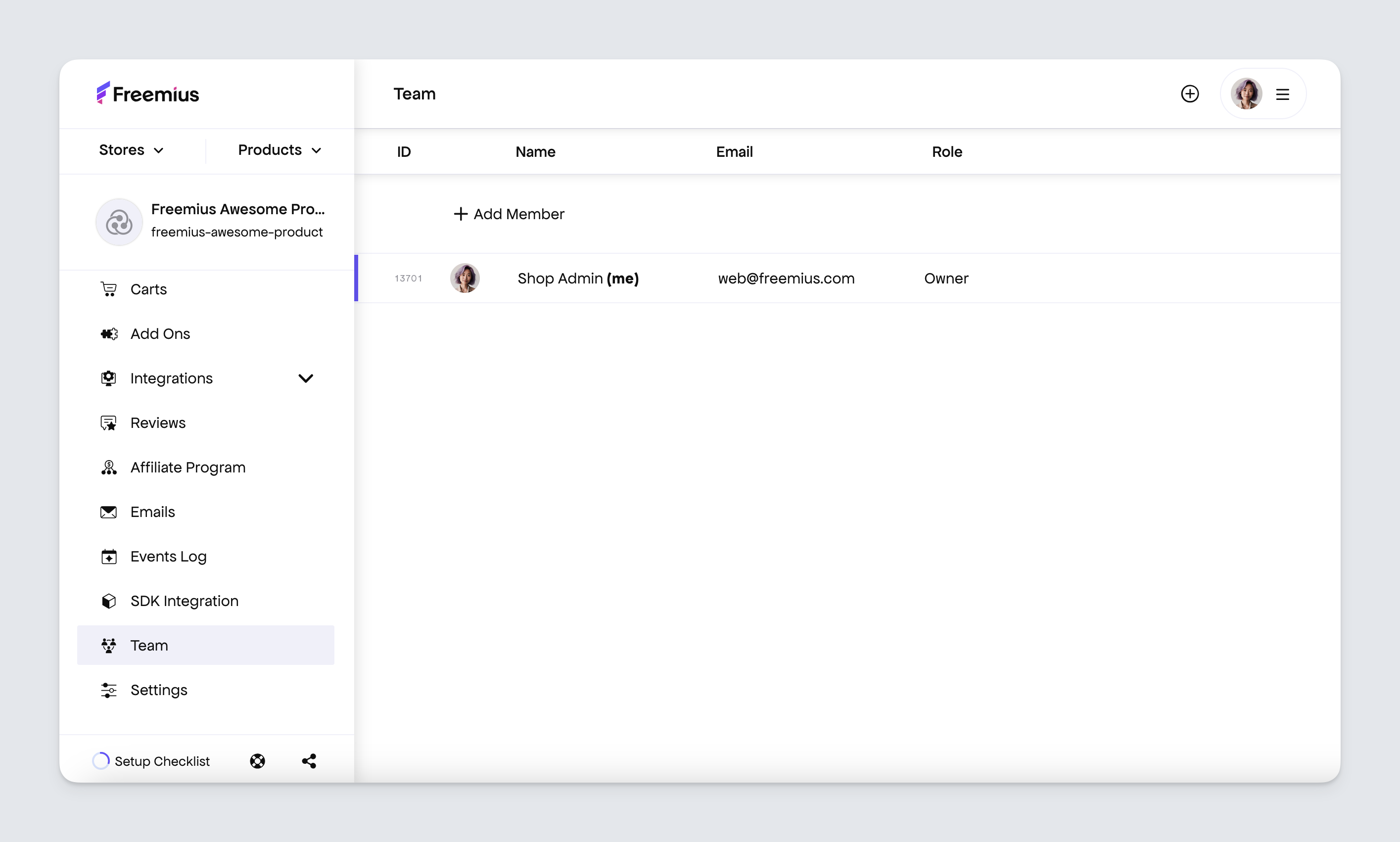 Freemius user dashboard showing the team members page