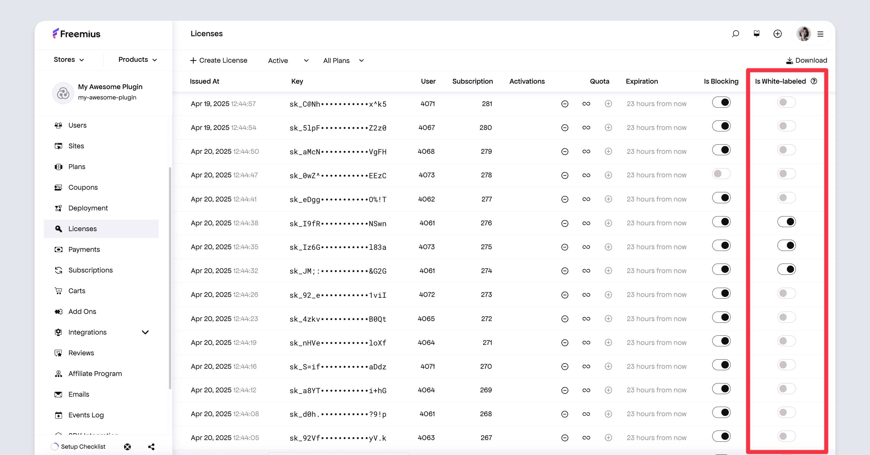 Freemius Developer dashboard - License white labeling