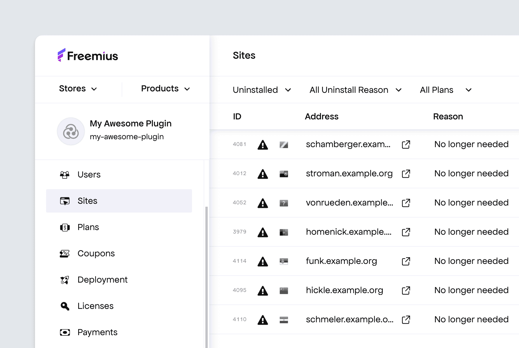 Freemius developer dashboard - filter uninstalls reasons