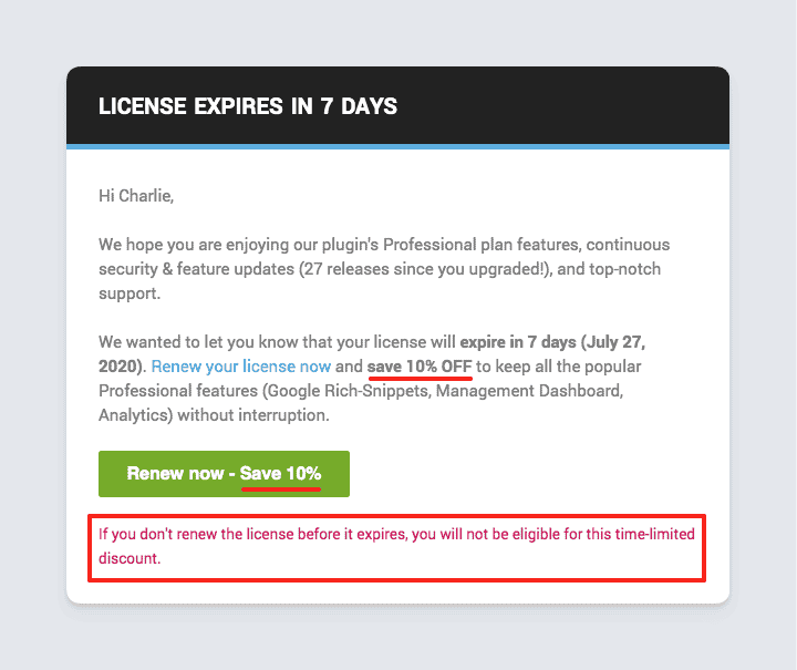 Freemius email notice with offer for discounted subscription renewal