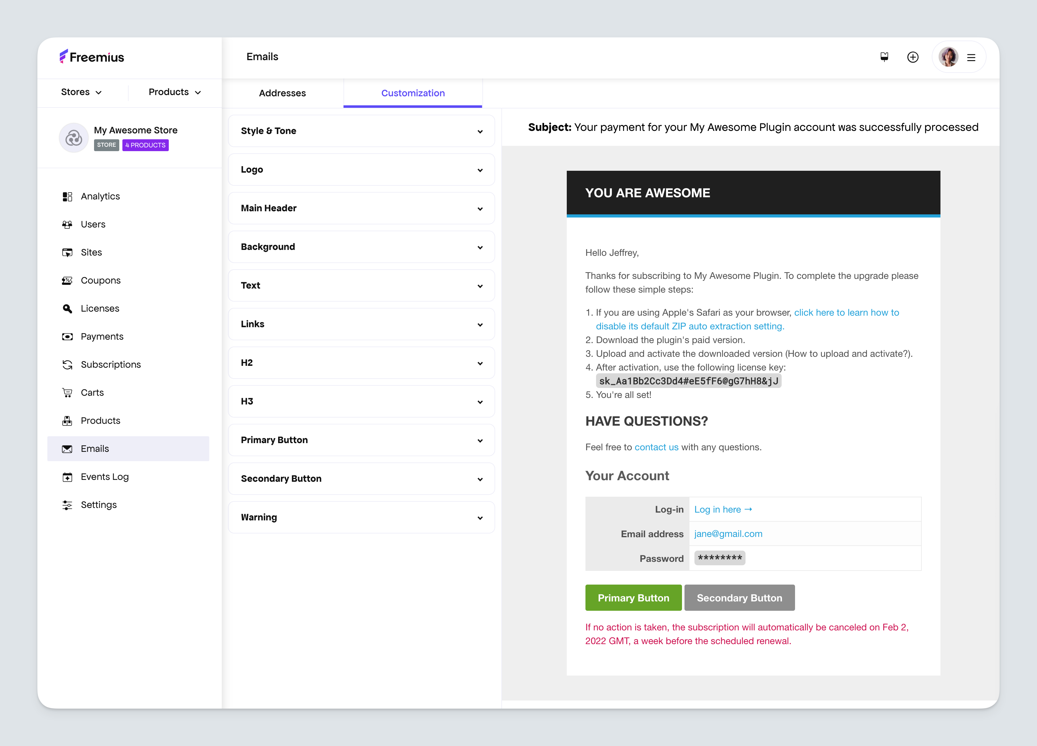 Freemius Developer Dashboard - Email style customization tool