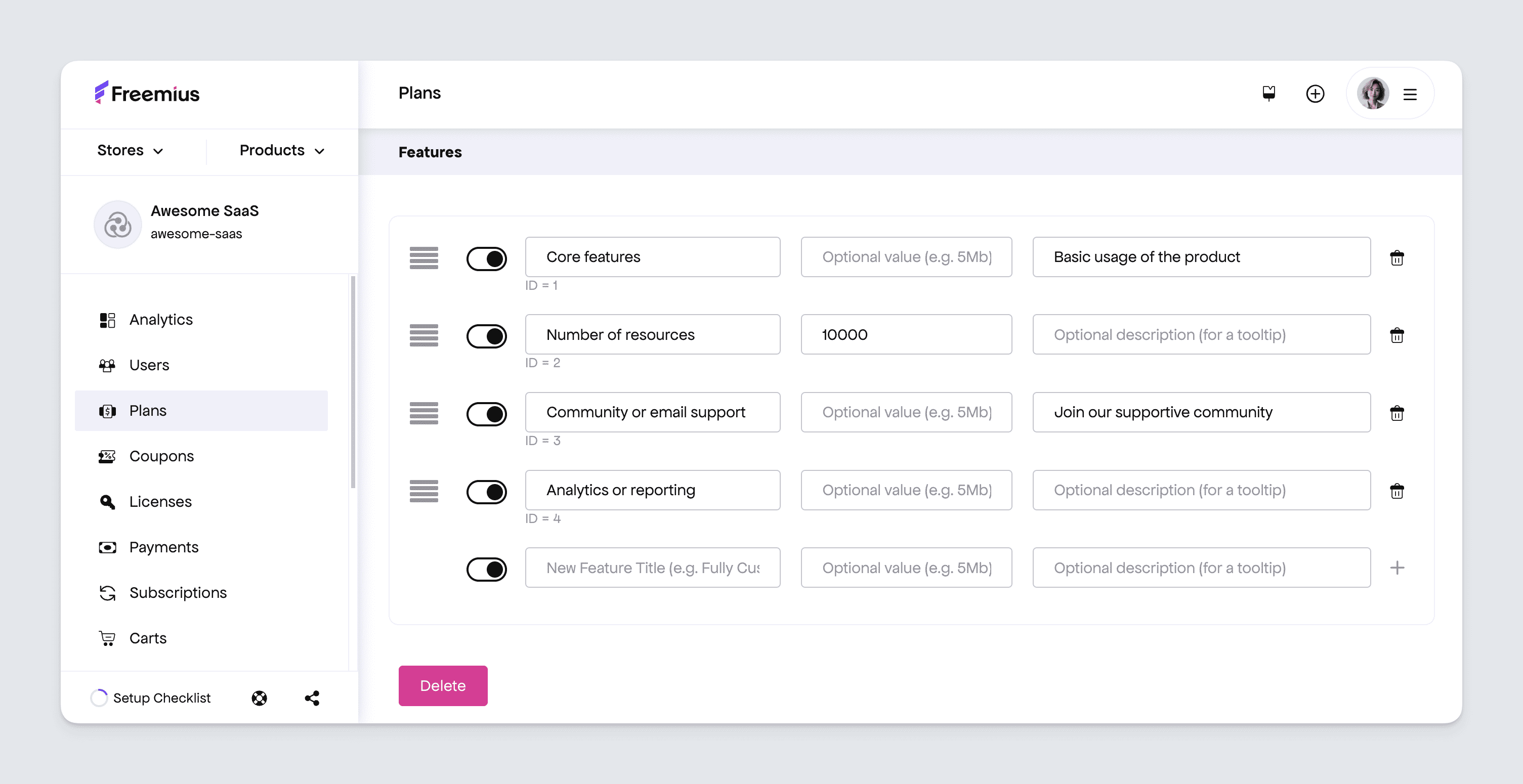 Freemius developer dashboard - Setting up SaaS product plan features