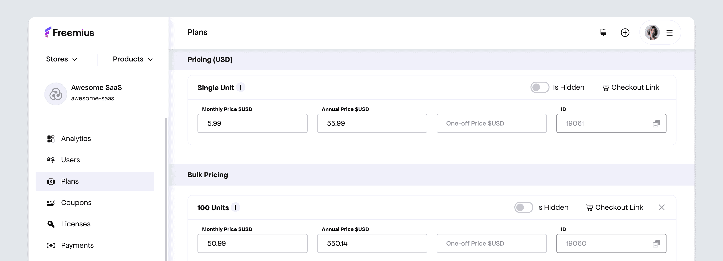 Freemius developer dashboard - SaaS plans pricing