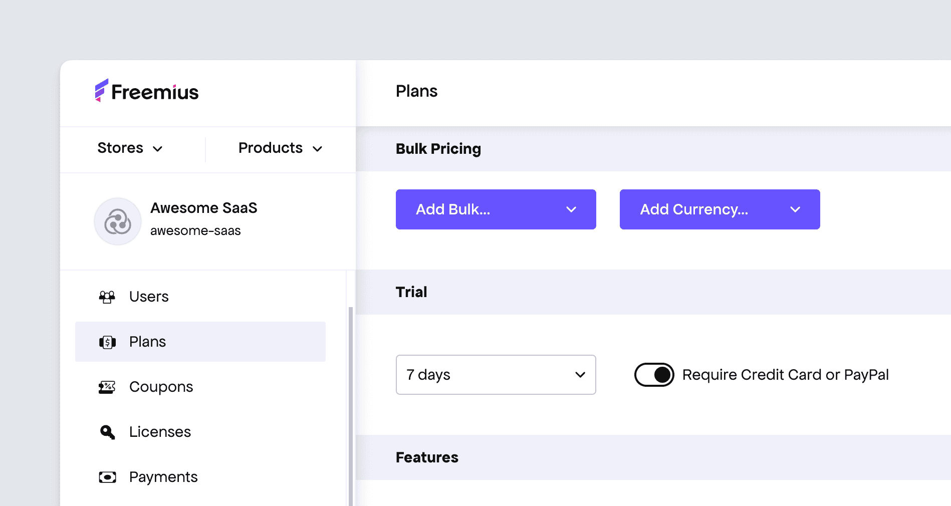 Freemius developer dashboard - SaaS plan bulk buying and trial payments mode settings