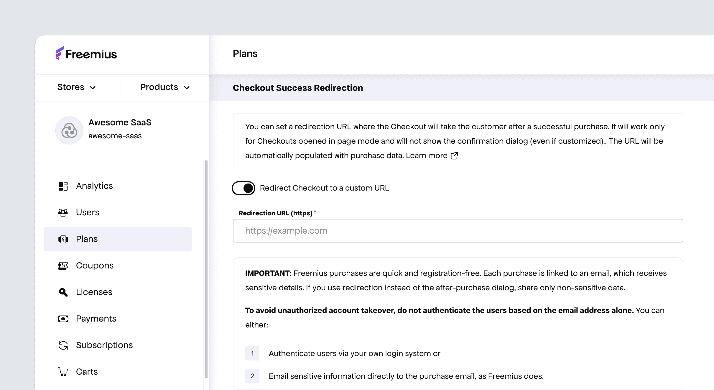Freemius Dashboard - SaaS plans checkout success redirection customization