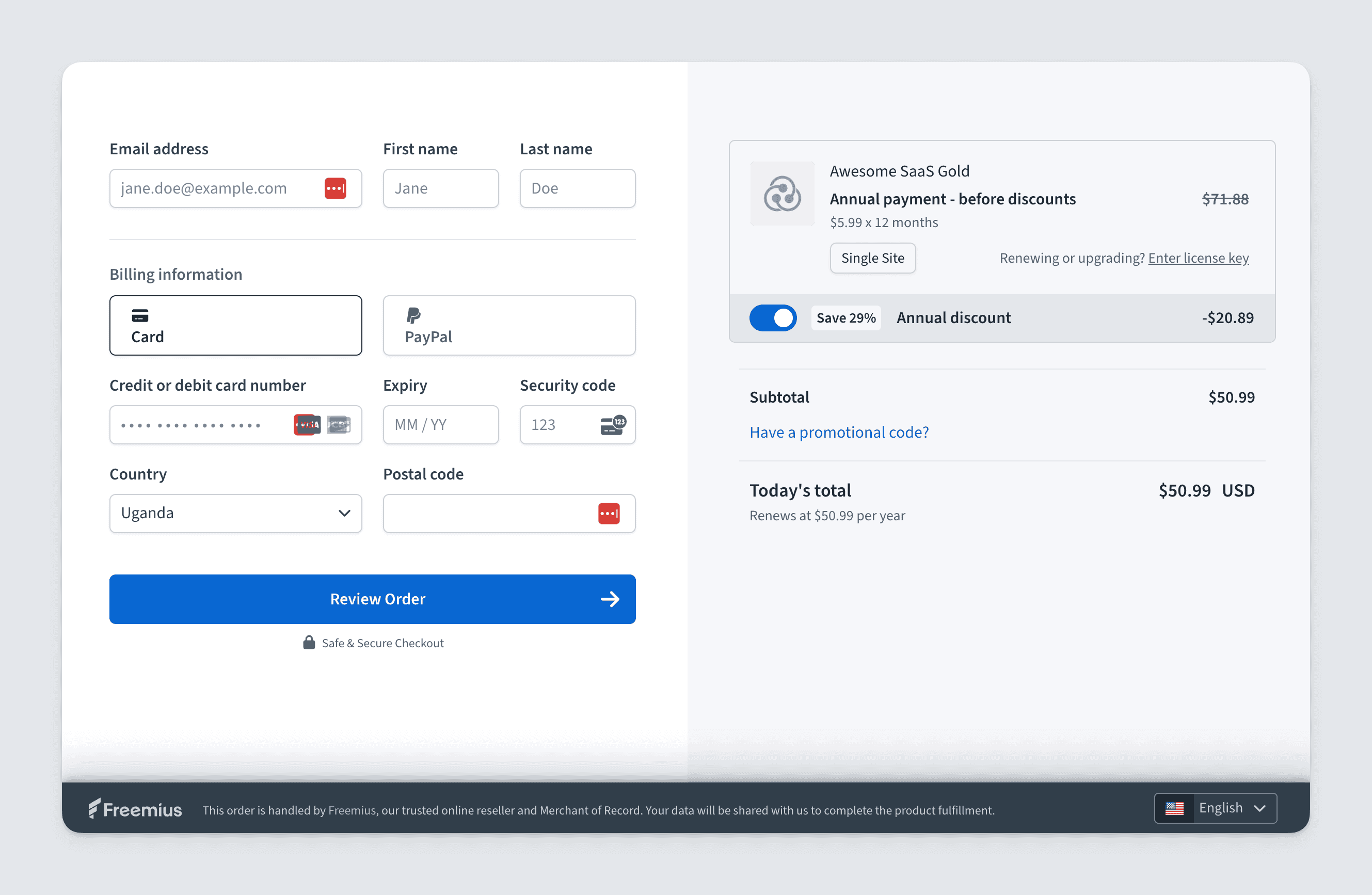 Freemius checkout displaying SaaS plans