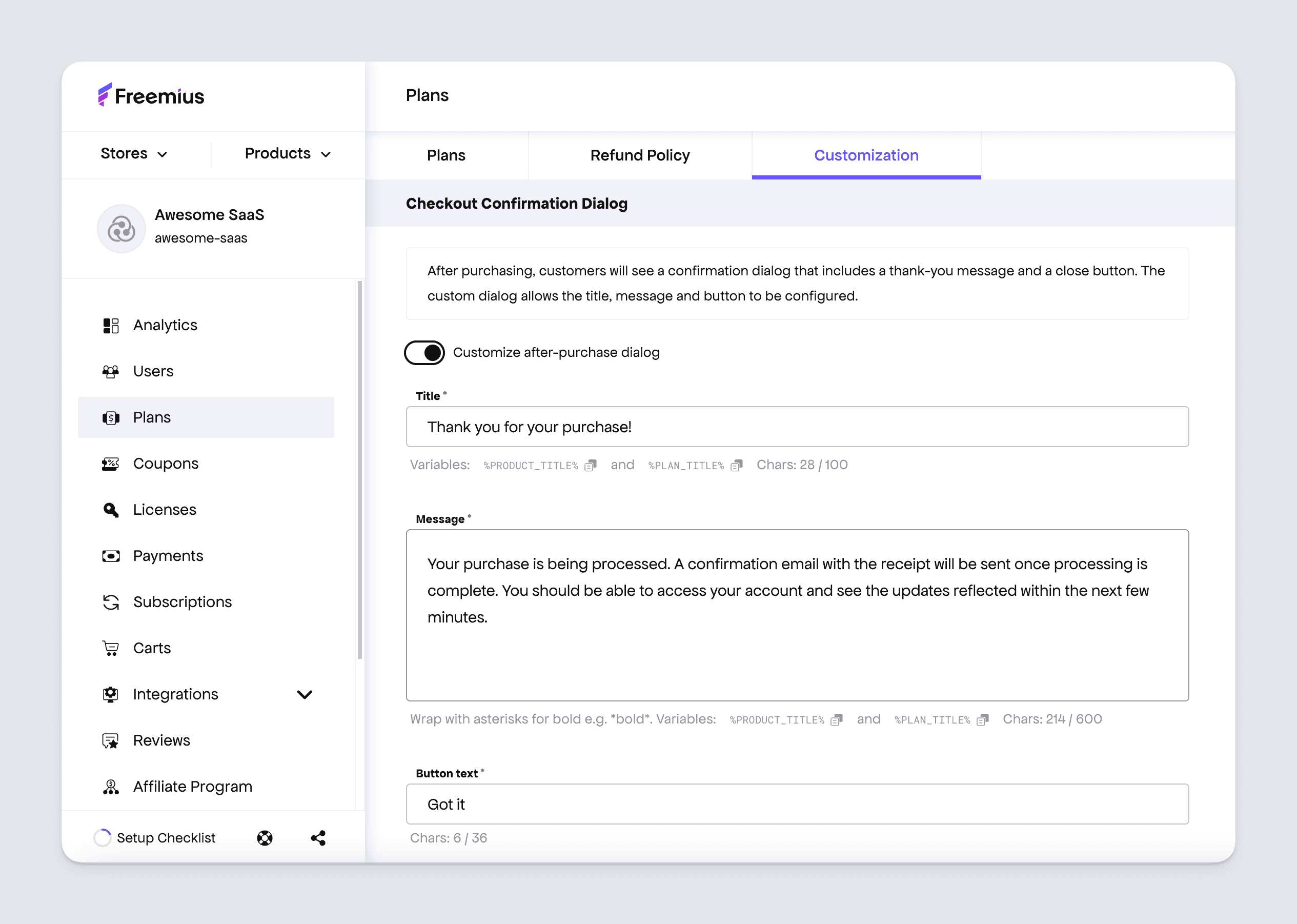 Freemius Dashboard - SaaS plans checkout confirmation dialog customization