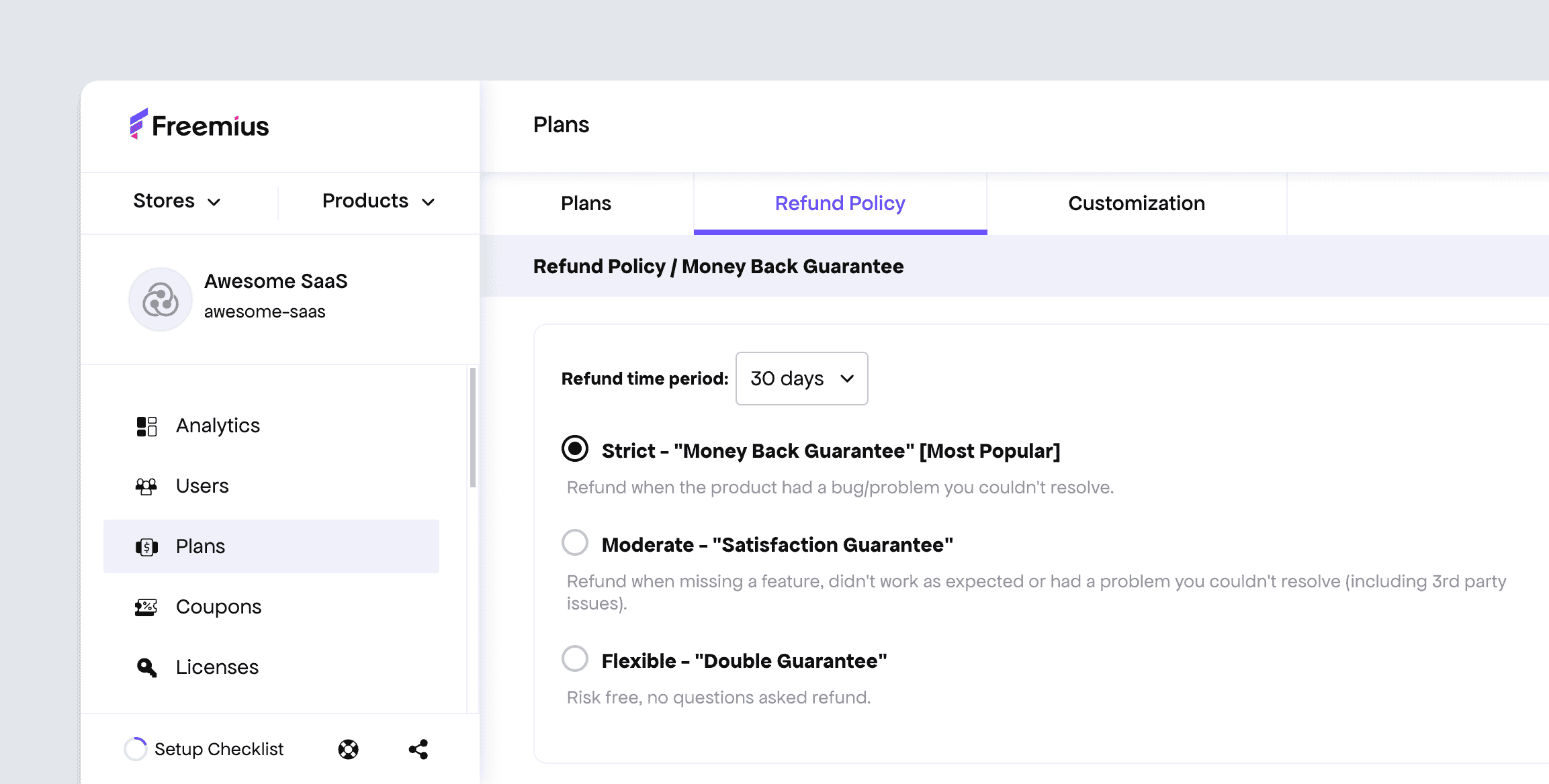 Settings for SaaS plans refund policy in the Freemius developer-dashboard
