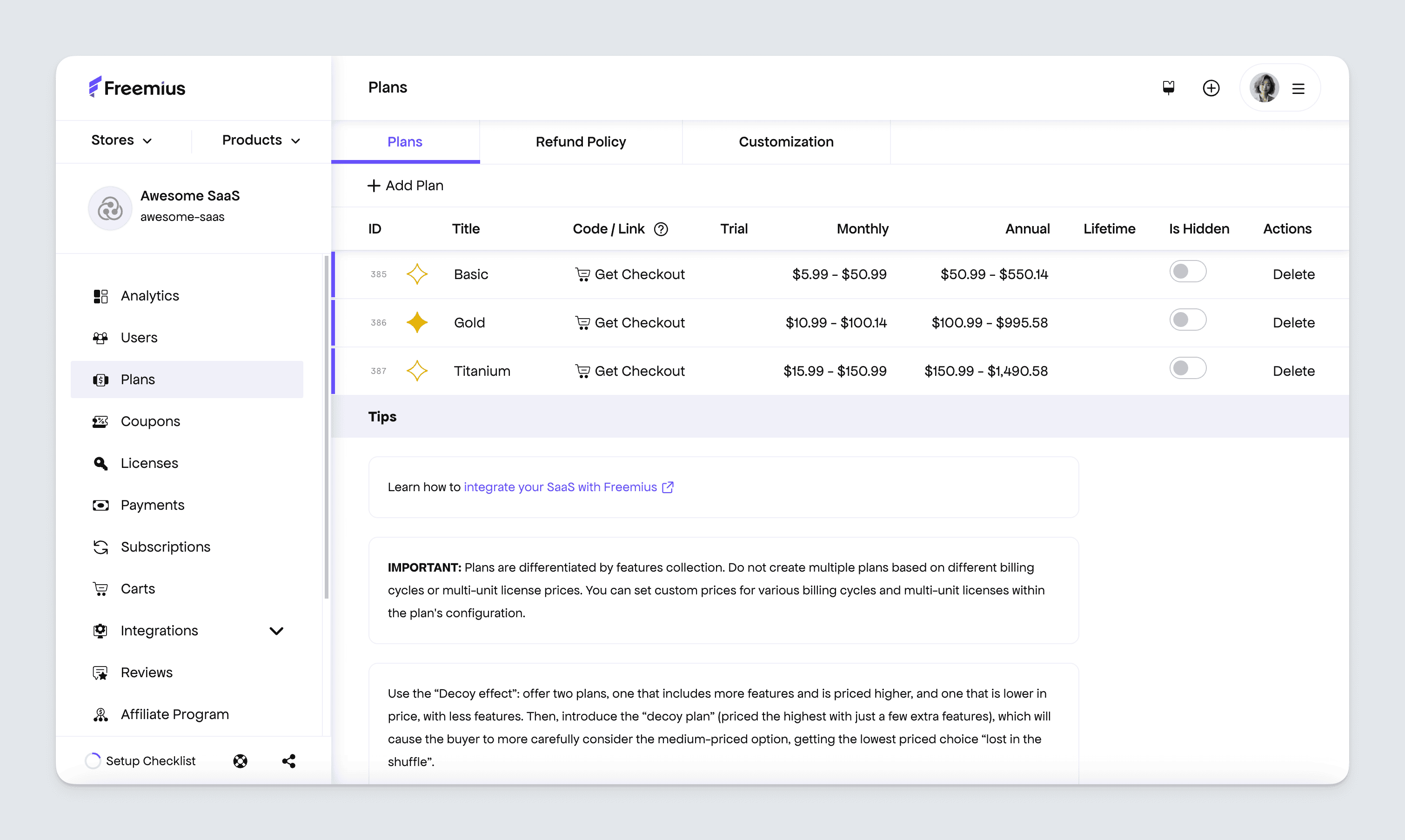 Freemius Dashboard - Plans overview